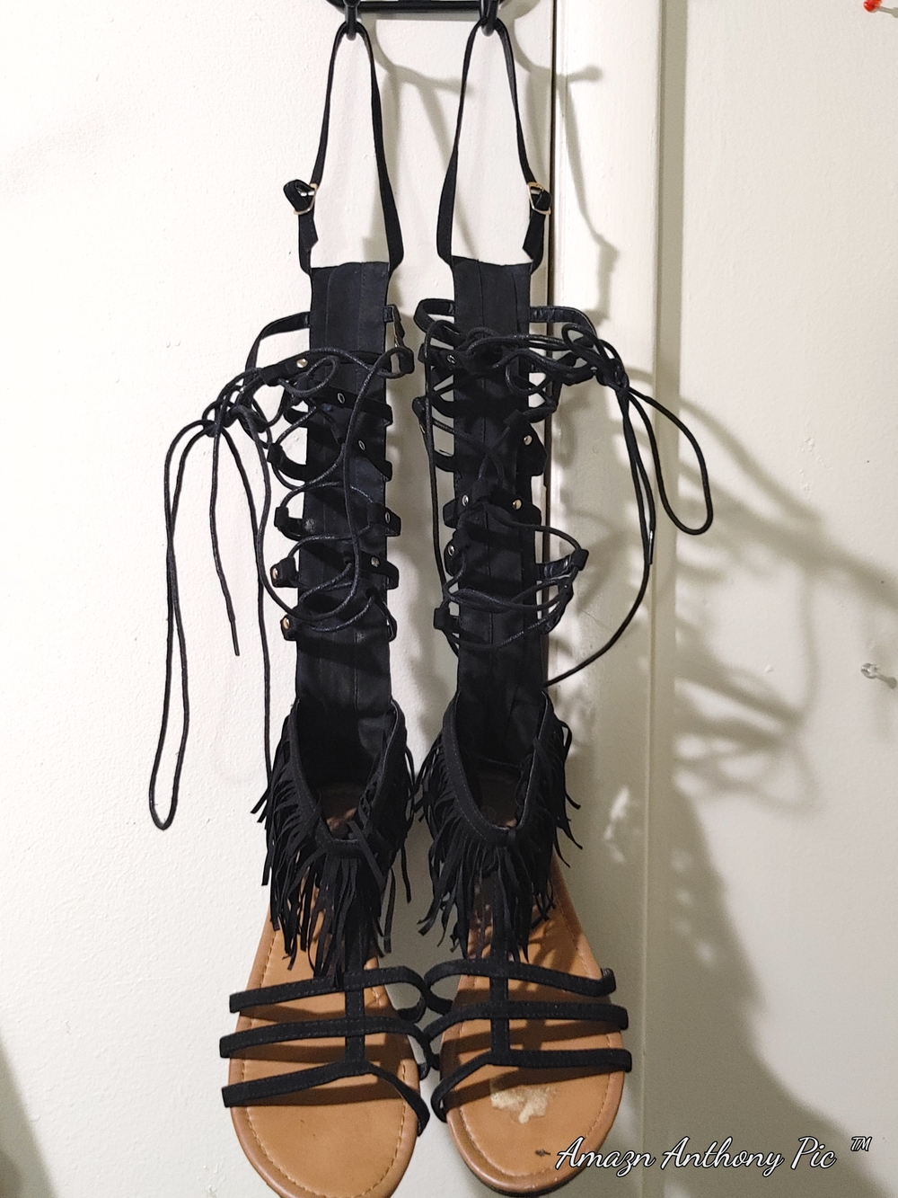 Black Lace-Up Fringe Gladiator Sandals - Women